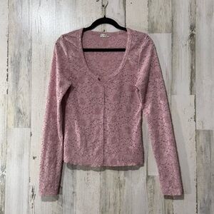 Pink Lace Long Sleeve Low Neckline Top